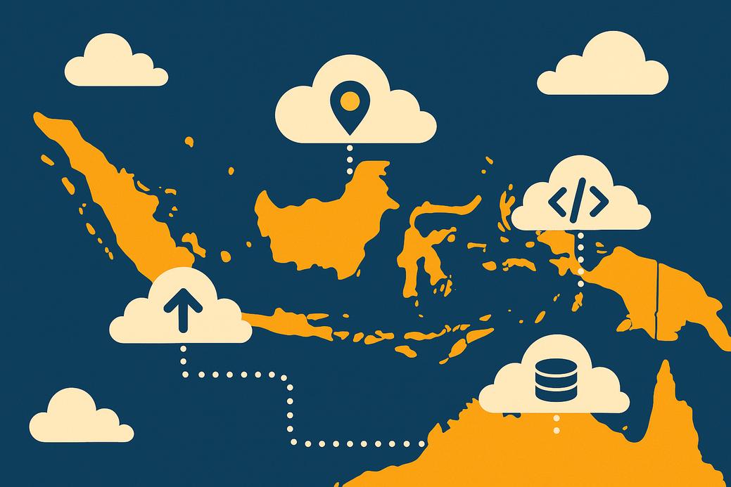 Peta Indonesia dengan ilustrasi cloud computing menyelimuti berbagai daerah